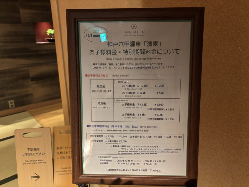 濱泉の日帰り利用料金に関する館内掲示