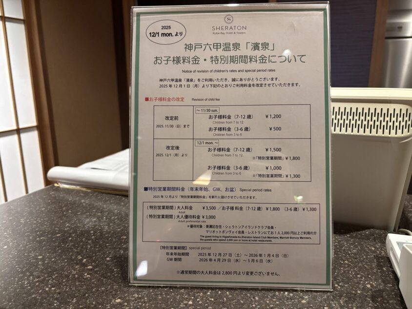 濱泉の日帰り利用料金に関する館内掲示